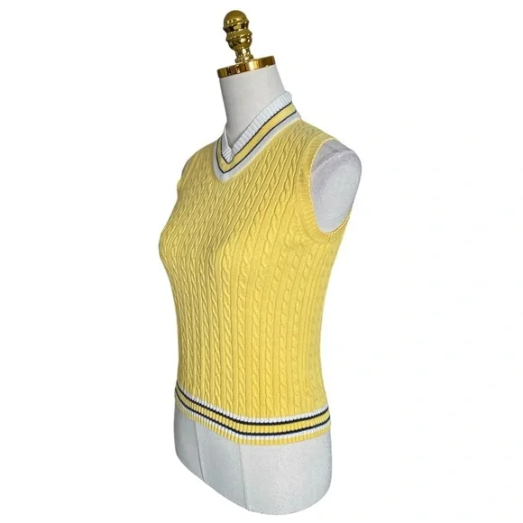 Brooks Brothers Women’s Yellow Cable Knit Tennis V-Neck Vest Sweater Cotton Sz M - Picture 6 of 9